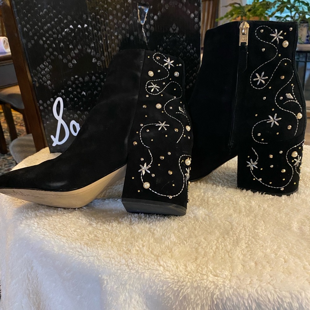 Sam Edelman Black Suede Embellished Block Heel Ankle Booties